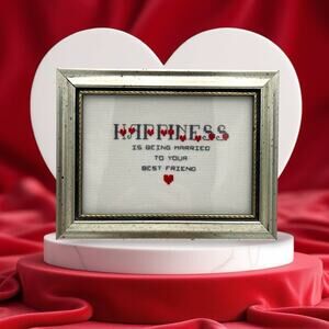 Vtg Needlepoint Framed Art Happiness is being married to your best friend